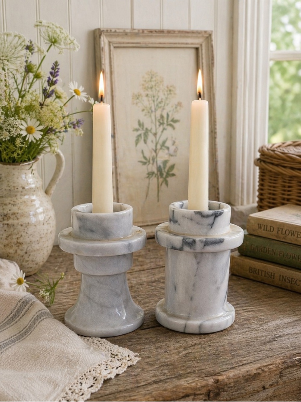 Vintage Marble footed candle holders Set of 2